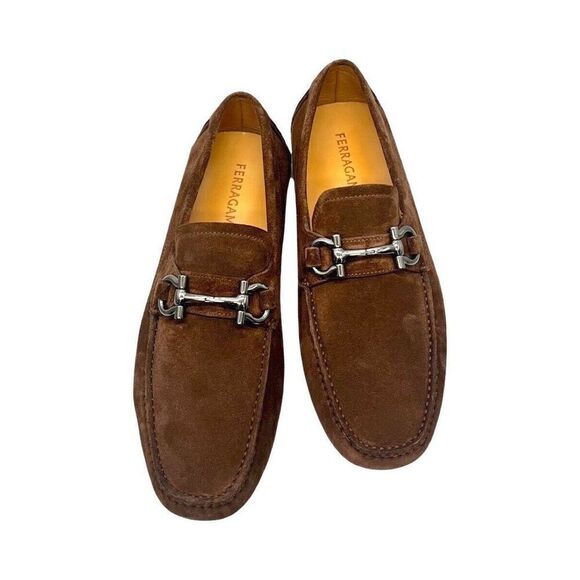 Salvatore Ferragamo Men's Parigi Eco Driver Suede Loafers Gancini Bit Brown 8 - Picture 2 of 10